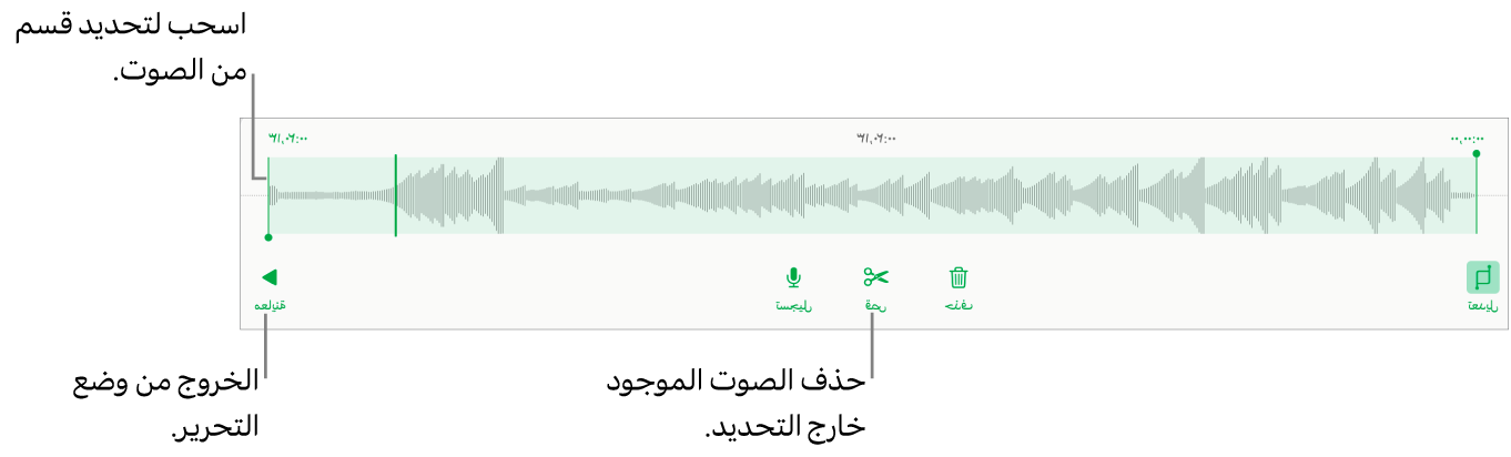 أدوات التحكم لتعديل الملف الصوتي المسجَّل. يوضح المؤشران القسم المحدد من التسجيل، وتوجد بالأسفل أزرار معاينة وتسجيل وقص وحذف ووضع التحرير.