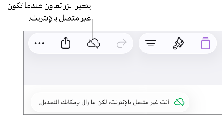 الأزرار في الجزء العلوي من الشاشة، ويتغير الزر تعاون إلى سحابة يتوسطها خط مائل. تنبيه على الشاشة يعرض "أنت غير متصل بالإنترنت، لكن ما زال بإمكانك التحرير."