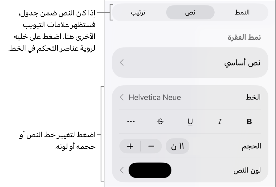 عناصر التحكم في النص في قائمة التنسيق لإعداد أنماط الأحرف والفقرات، والخط، والحجم، واللون.