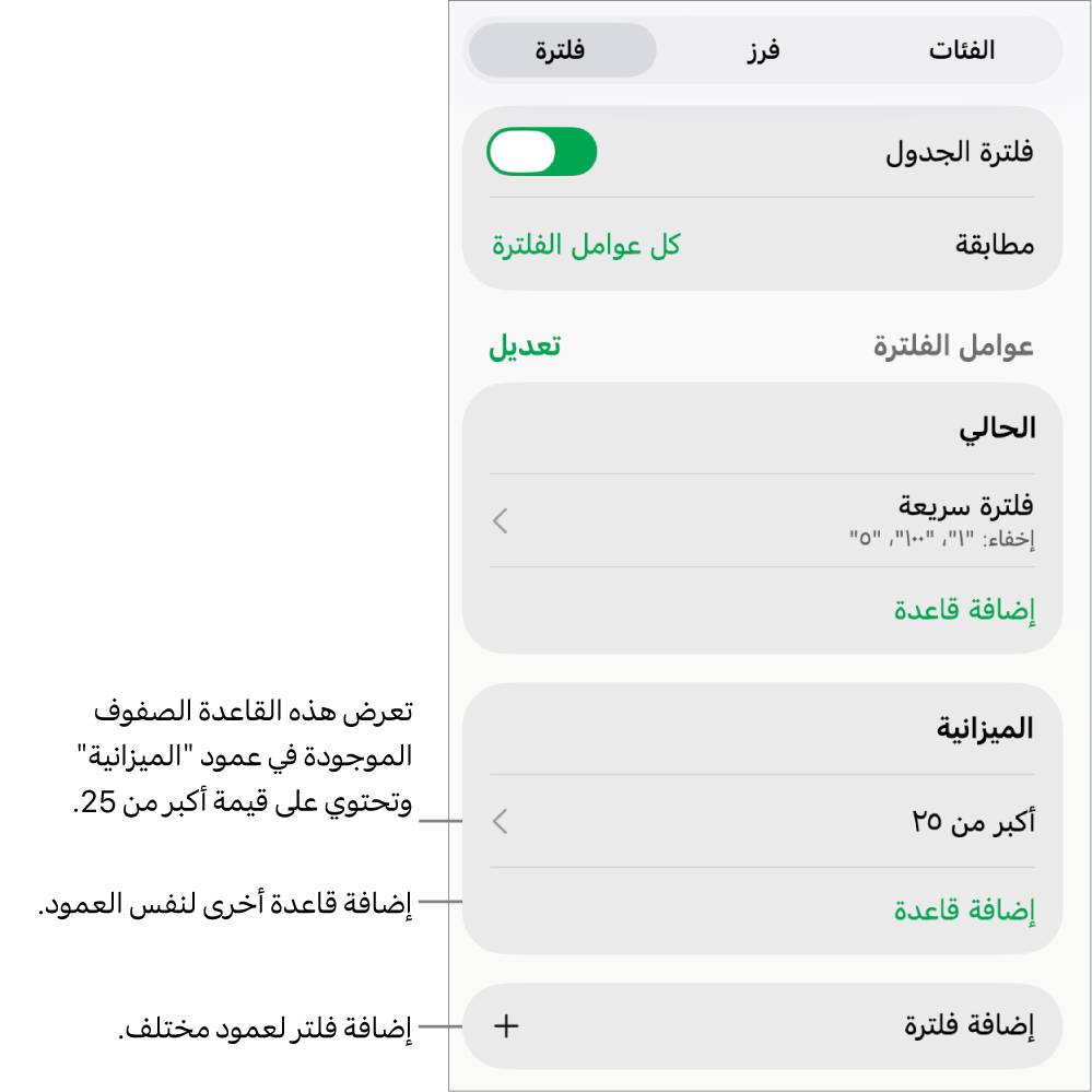 عناصر التحكم لإضافة قواعد تصفية جديدة أو تعديل القواعد الموجودة.
