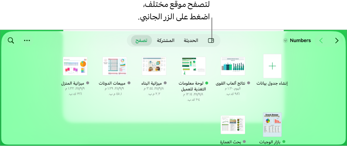 عرض التصفح في مدير المستندات يعرض رابط موقع في الزاوية العلوية اليمنى وأسفله حقل بحث. في الزاوية العلوية اليسرى يوجد زر إضافة جدول بيانات؛ وزر مجلد جديد؛ قائمة منبثقة لاستخدام طريقة عرض القائمة أو الأيقونات، وللتصفية حسب الاسم والتاريخ والحجم والنوع والعلامة، وزر تحديد. أسفل هذه الأزرار توجد صور مصغرة لجداول البيانات الموجودة.