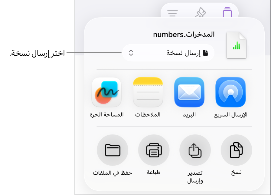 القائمة مشاركة حيث يظهر بها الخيار إرسال نسخة محددًا في الجزء العلوي.