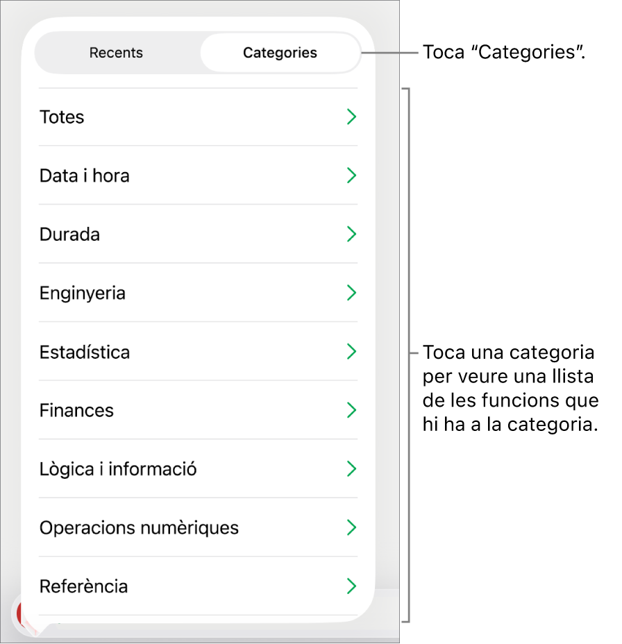 L’explorador de funcions amb el botó Categories seleccionat i la llista de categories a sota.