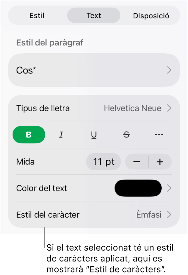 Els controls de format de text amb l’estil de caràcter a sota dels controls de color. L’estil de caràcter Cap amb un asterisc.