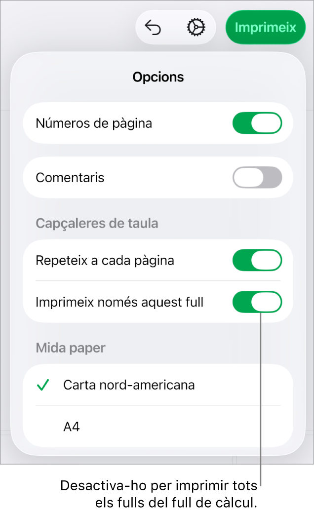 El tauler de la vista de previsualització, amb controls per mostrar números de pàgina, repetir les capçaleres a cada pàgina, canviar la mida del paper i seleccionar imprimir tot el full de càlcul o només el full actual.