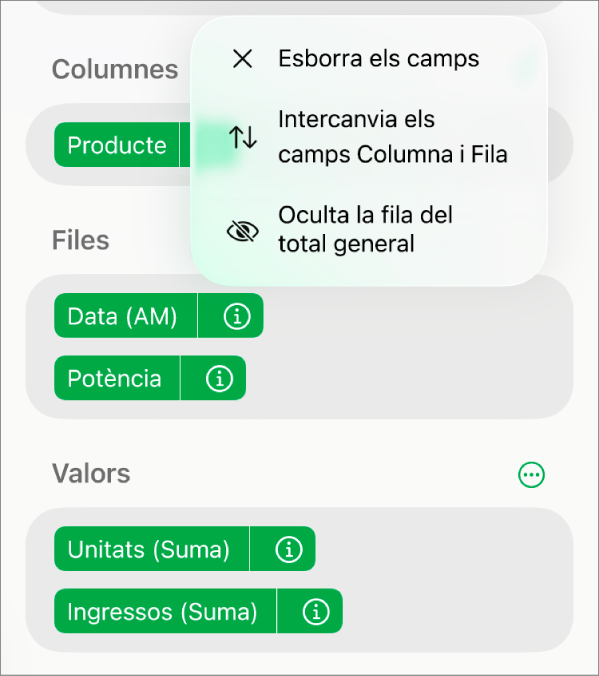El menú “Més opcions de camp”, que mostra els controls per ocultar les sumes totals, intercanviar els camps de fila i de columna i esborrar els camps.