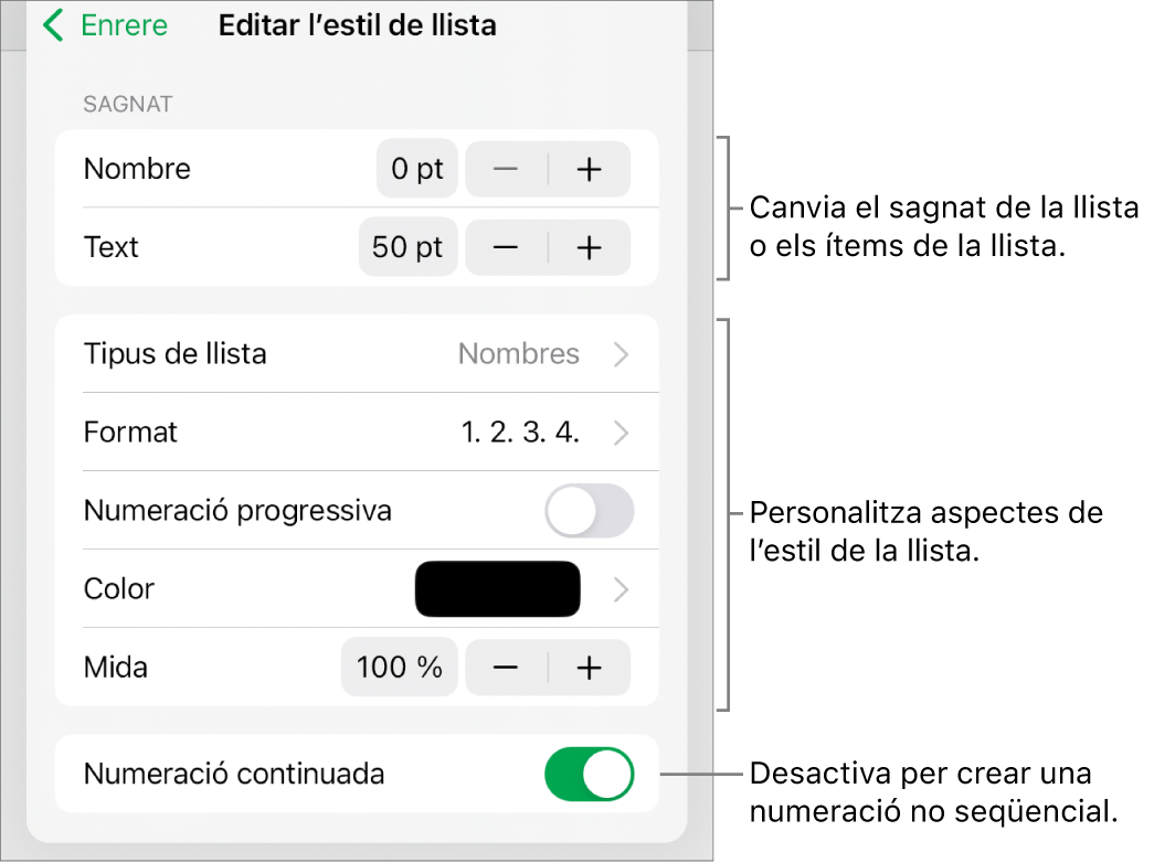 El menú “Edita l’estil de llista” en què es mostren els controls de l’espaiat de sagnat, tipus i format de la llista, numeració progressiva, color i mida de la llista i numeració contínua.