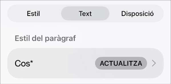 Un estil de paràgraf amb un asterisc al costat i un botó “Actualitza” a la dreta.