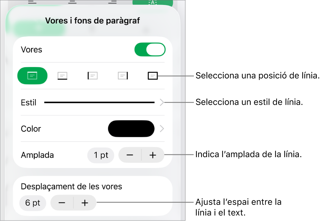 Controls per canviar l’estil, el gruix, la posició i el color de la línia.