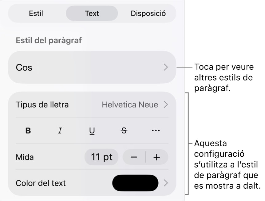 El menú Format amb els controls de text per definir els estils de paràgraf i de caràcter, el tipus de lletra, la mida i el color.