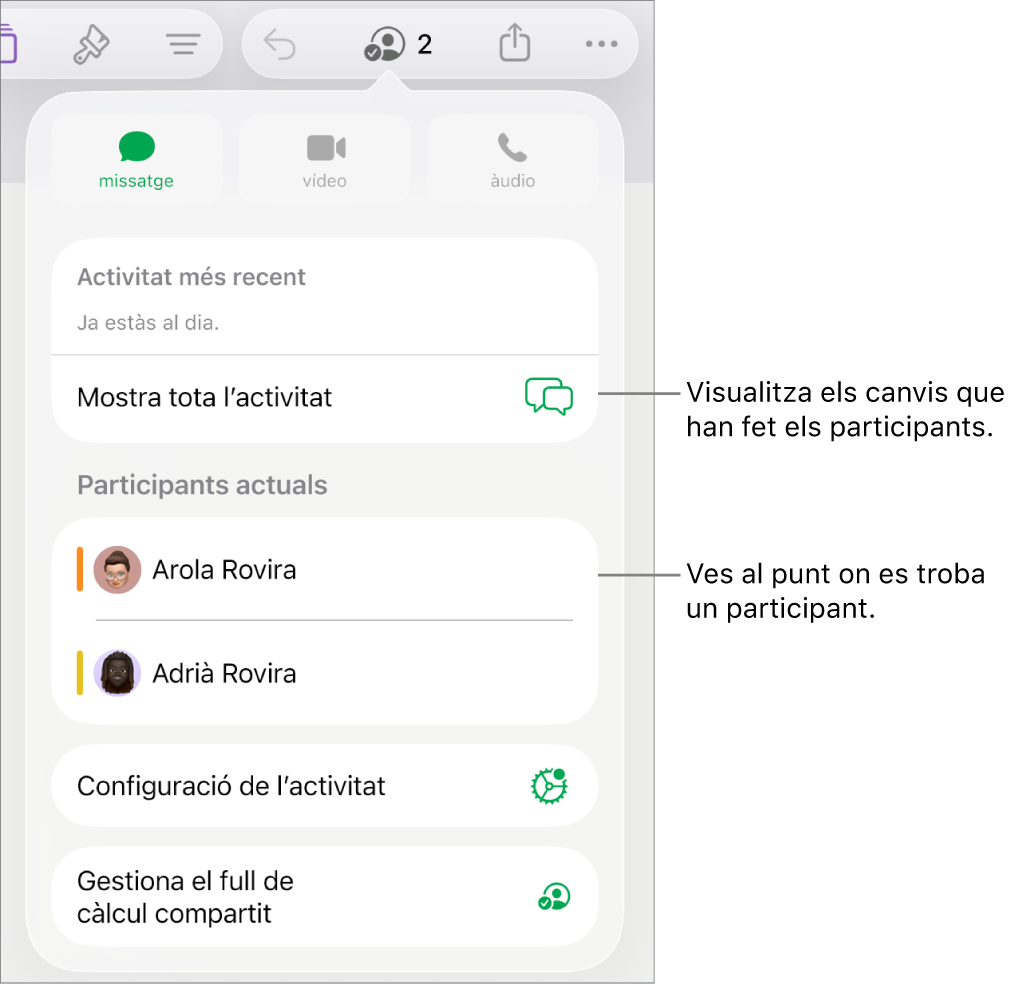 Menú de col·laboració amb una llista dels participants actuals.