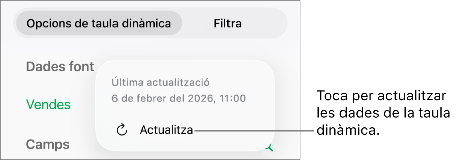 Menú “Opcions de taula dinàmica” que mostra l’opció per actualitzar la taula dinàmica.