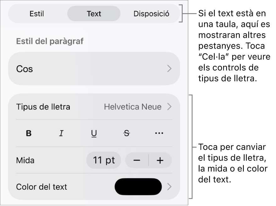 Controls de text al menú Format per definir els estils de paràgraf i de caràcter, el tipus de lletra, la mida i el color.