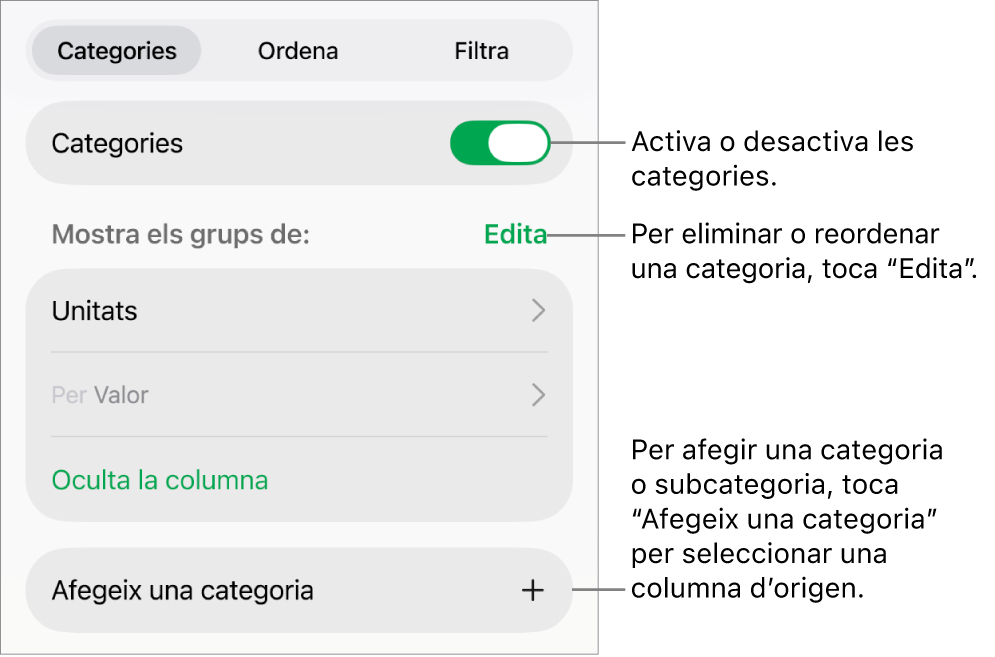 Menú Categories de l’iPad amb opcions per desactivar categories, eliminar categories, agrupar dades, ocultar la columna d’origen i afegir categories.