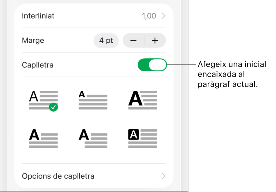 Els controls de caplletra a la part inferior del menú “Text”.