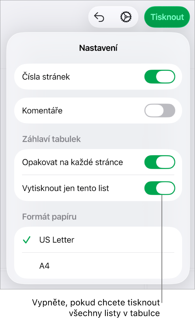 Panel s náhledem tisku s ovládacími prvky pro zobrazování čísla stránky, opakování záhlaví na každé stránce, změnu formátu papíru a výběr tisku celého tabulkového dokumentu, nebo pouze aktuálního listu