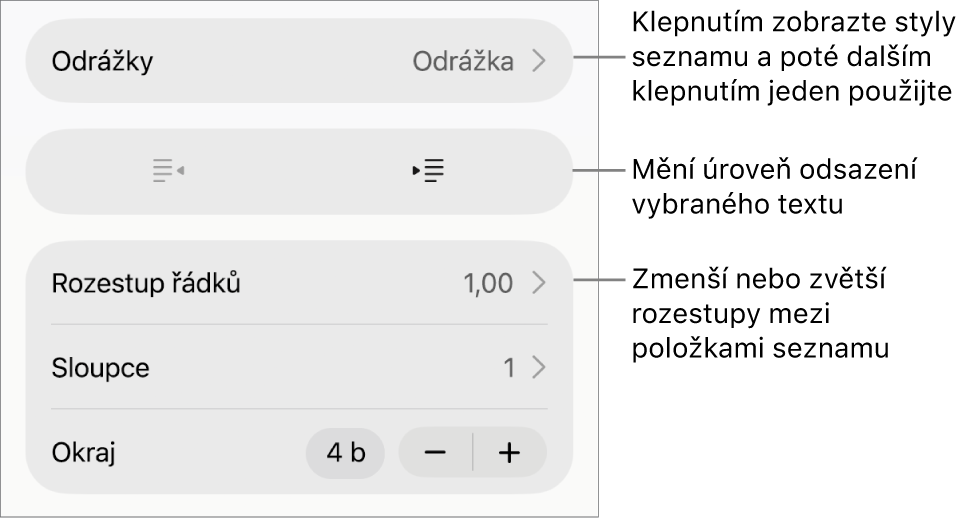 Oddíl Odrážky a seznamy na panelu Formát s připojenými popisky pro ovládací prvky Odrážky a seznamy, pro tlačítka zvýšení a snížení úrovně odsazení a pro ovládací prvky řádkování.