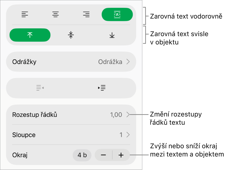 Oddíl Uspořádání v inspektoru formátování s popisky tlačítek zarovnání textu a rozestupů