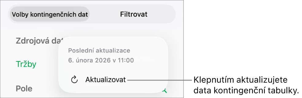Nabídka „Volby kontingenčních dat“ zobrazující volbu pro aktualizaci kontingenční tabulky