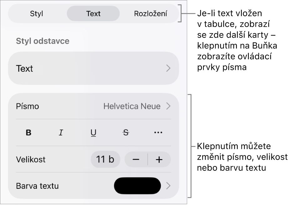 Ovládací prvky pro text v nabídce Formát pro nastavení stylů, písma, velikosti a barvy odstavce a znaků