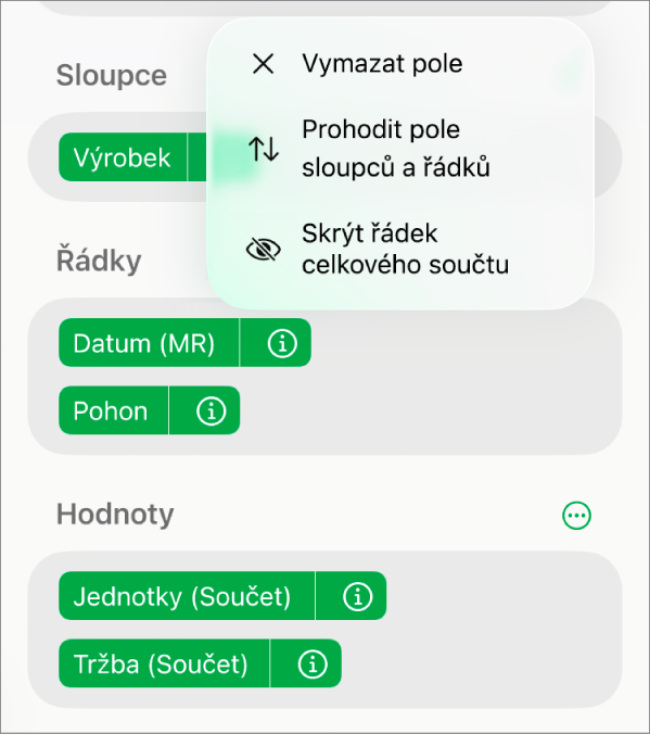 Nabídka „Další volby pole“ zobrazující ovládací prvky pro skrytí celkových součtů, prohození polí sloupců a řádků a vymazání polí
