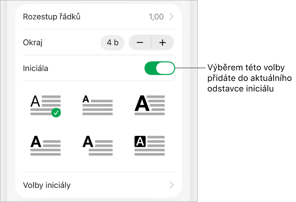 Ovládací prvky pro volbu Iniciála v nabídce Text