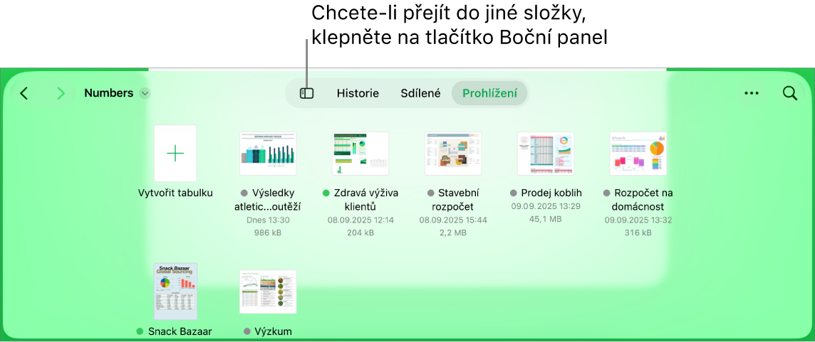 Správce dokumentů v zobrazení procházení s odkazem na umístění v levém horním rohu a polem hledání pod ním. V pravém horním rohu je tlačítko Přidat tabulku; tlačítko Nová složka; místní nabídka umožňující zobrazení seznamu nebo ikon a také filtrování podle názvu, data, velikosti, typu a značky; a dále také tlačítko Vybrat Pod těmito prvky jsou miniatury existujících tabulek