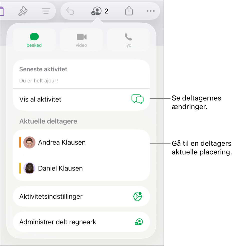 Samarbejdsmenuen, hvor aktuelle deltagere er angivet.