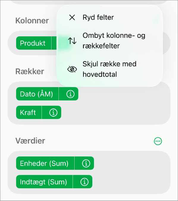 Menuen Flere feltindstillinger, der viser betjeningsmulighederne for at skjule hovedtotaler, bytte kolonne- og rækkefelter og rydde felter.