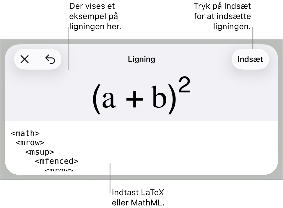 Dialogen Ligning, der viser den kvadratiske formel skrevet ved hjælp af MathML-kommandoer og derover et eksempel på formlen.