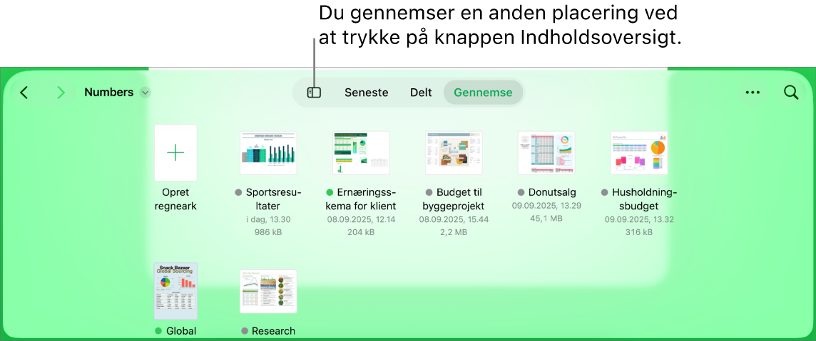 Gennemse er valgt i dokumentadministrationen. Knappen Indholdsoversigt er i øverste venstre hjørne. Øverst til højre er knapperne Tilføj, Ny mappe og Symboler (som kan sorteres efter navn, dato, størrelse eller mærke), knappen Vælg og knappen Søg.