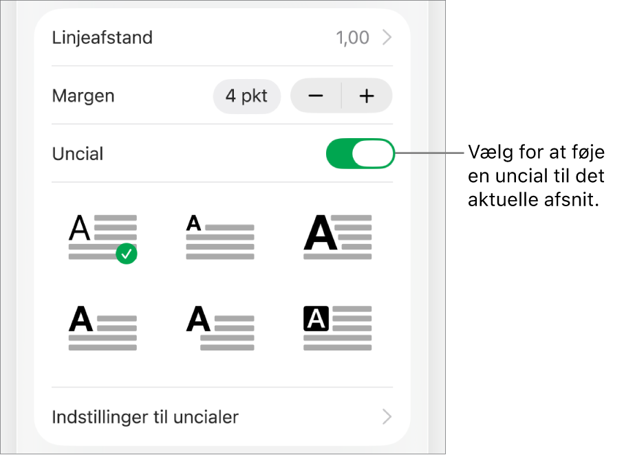 Betjeningsmulighederne til Uncial placeret i menuen Tekst.