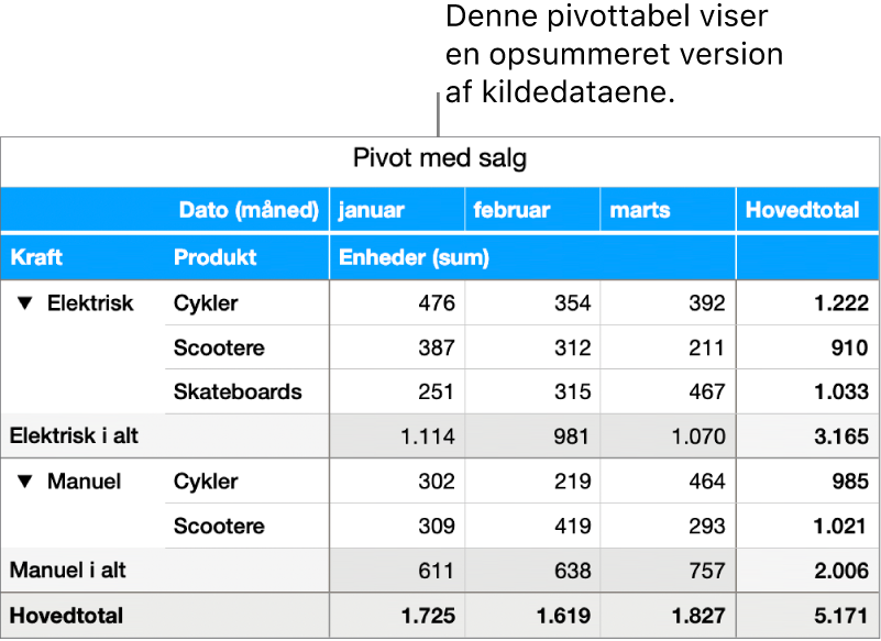 En pivottabel med opsummerede data og betjeningsmuligheder, der kan vise bestemte data.