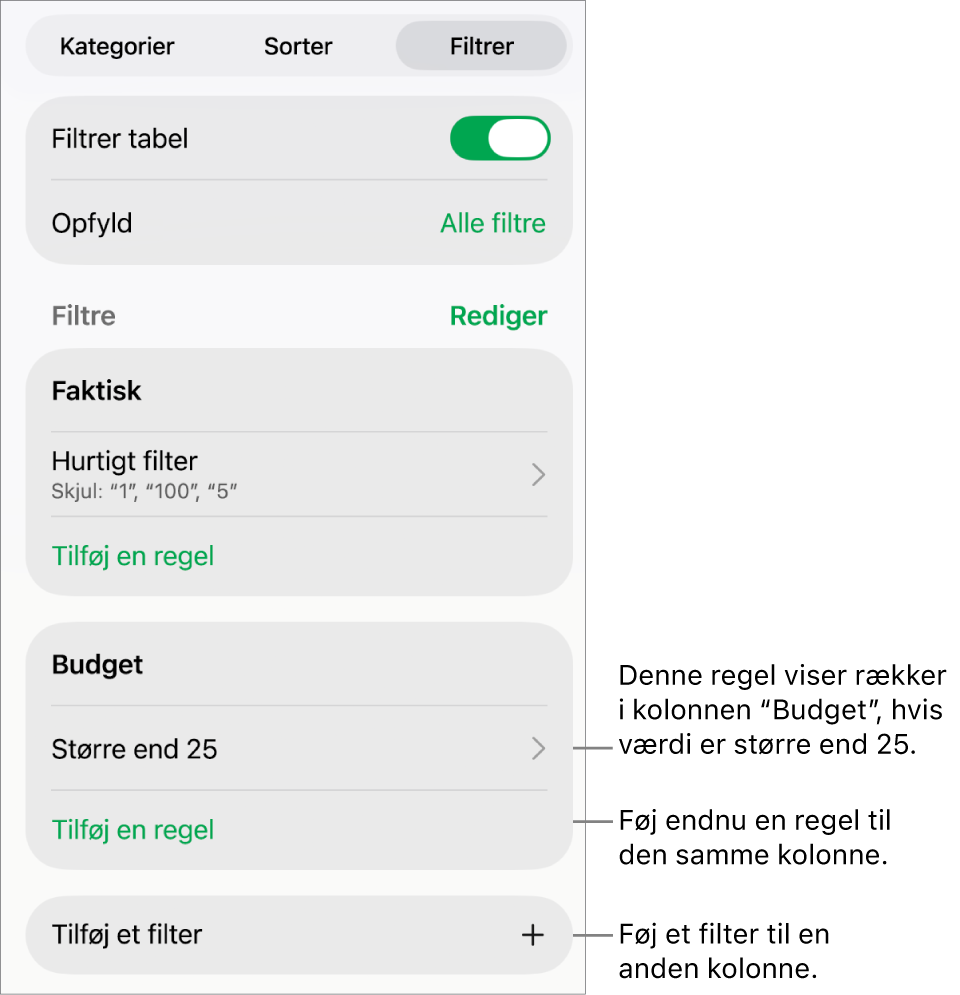 Betjeningsmuligheder til tilføjelse af nye filtreringsregler eller redigering af eksisterende.