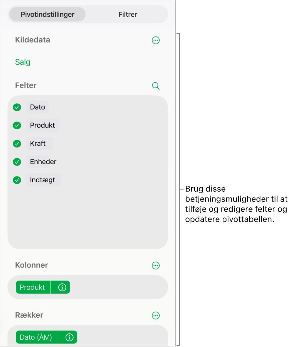 Menuen Pivotindstillinger, der viser felter i sektionerne Kolonner, Rækker og Værdier samt betjeningsmuligheder til redigering af felterne.
