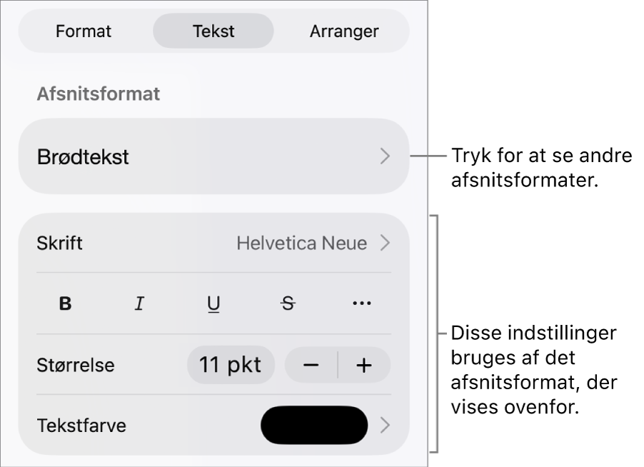 Menuen Format, der viser betjeningsmuligheder til tekst til indstilling af afsnits- og tegnformater, skrift, størrelse og farve.