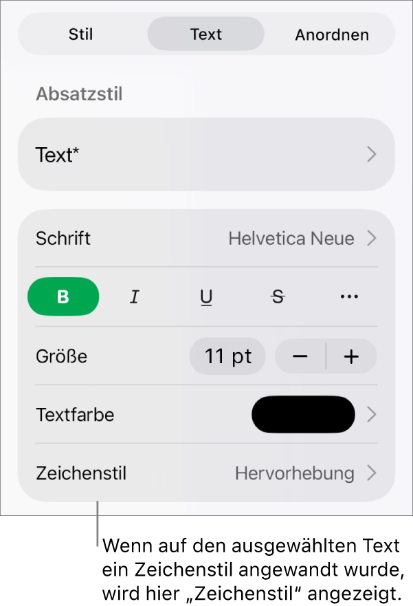 Die Steuerelemente für die Textformatierung mit „Zeichenstil“ unter den Farbsteuerungen Der Zeichenstil „Ohne“ mit einem Stern