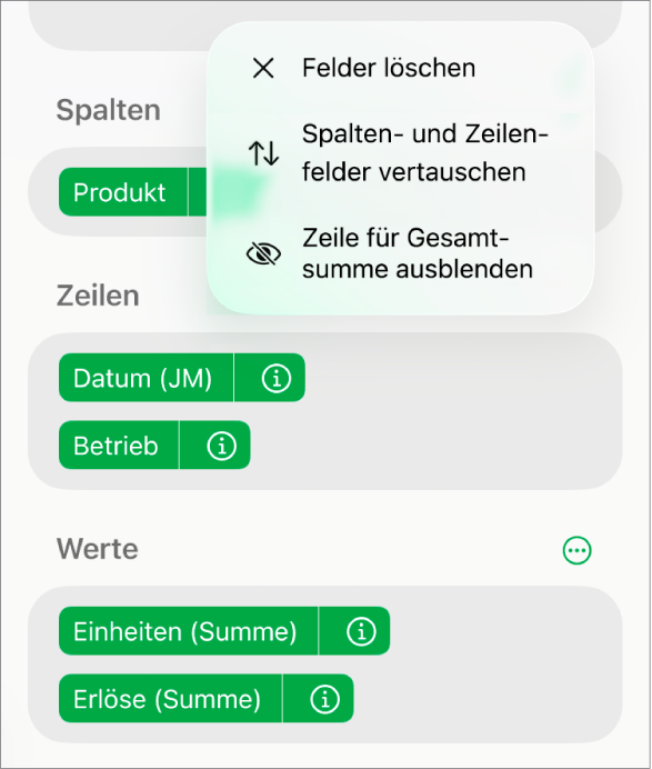 Das Menü „Feldoptionen“ mit Steuerelementen zum Ausblenden der Gesamtsummen, zum Vertauschen der Spalten- und Zeilenfelder und zum Löschen von Feldern.