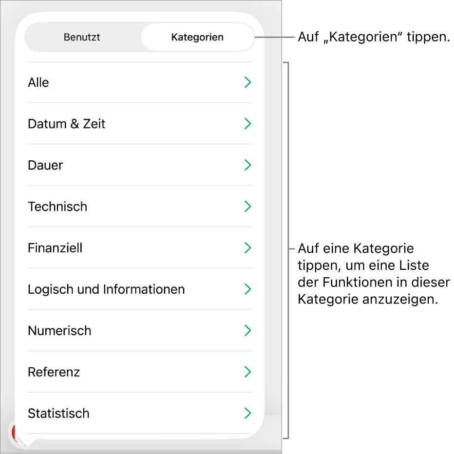 Die Funktionsübersicht mit ausgewählter Taste „Kategorien“, darunter befindet sich die Liste der Kategorien.