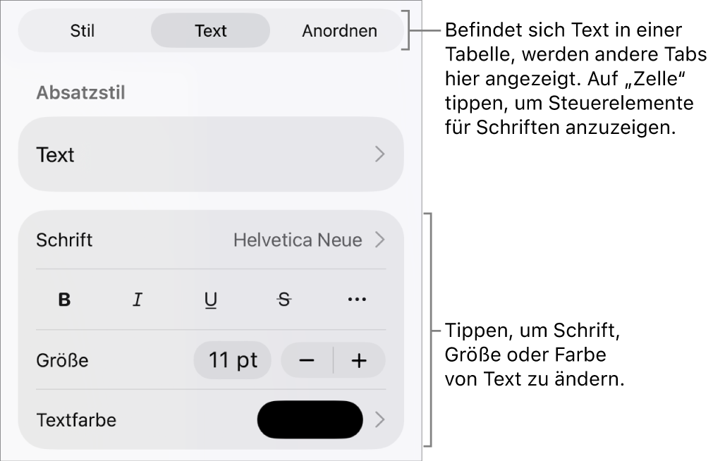 Textsteuerelemente im Menü „Format“ zum Festlegen von Absatz- und Zeichenstilen, Schrift, Größe und Farbe