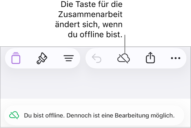 Die Tasten oben auf dem Bildschirm, darunter die Taste „Zusammenarbeit“, die als mit einer diagonalen Linie durchgestrichenen Wolke dargestellt wird. Ein Hinweis auf dem Bildschirm besagt, dass du offline bist, aber weiterhin arbeiten kannst.