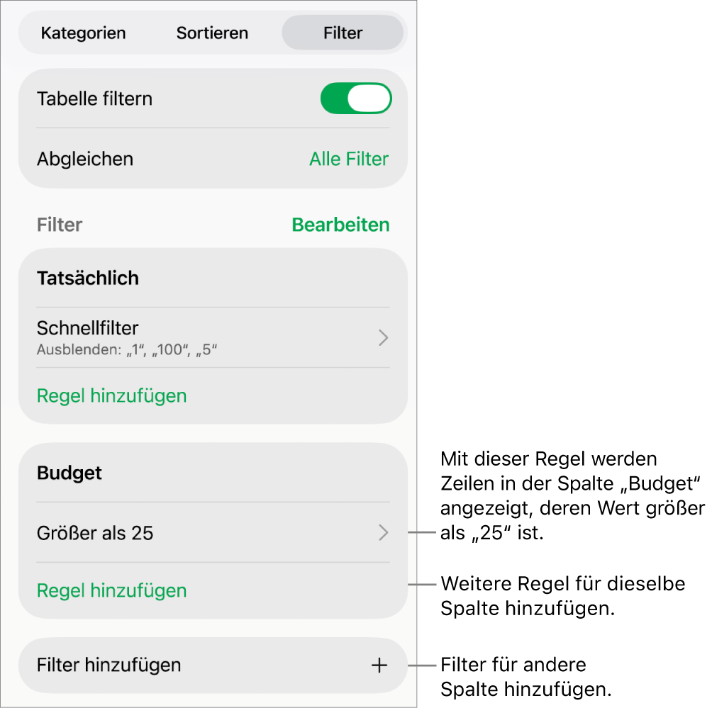 Steuerelemente zum Hinzufügen von neuen Filterregeln oder zum Bearbeiten von vorhandenen Regeln