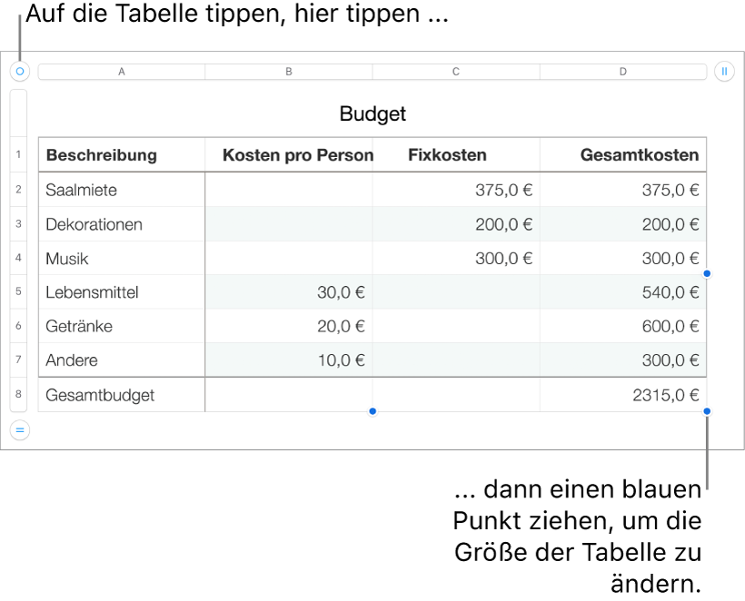 Eine ausgewählte Tabelle mit blauen Punkten zum Ändern der Größe