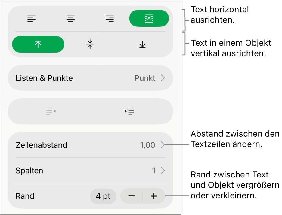 Der Abschnitt „Layout“ im Informationsfenster „Format“ mit Bezugslinien zu den Ausrichtungstasten und zu den Abstandstasten für Text.