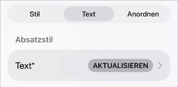 Ein Absatzstil, neben dem sich rechts ein Stern und eine Taste „Aktualisieren“ befindet