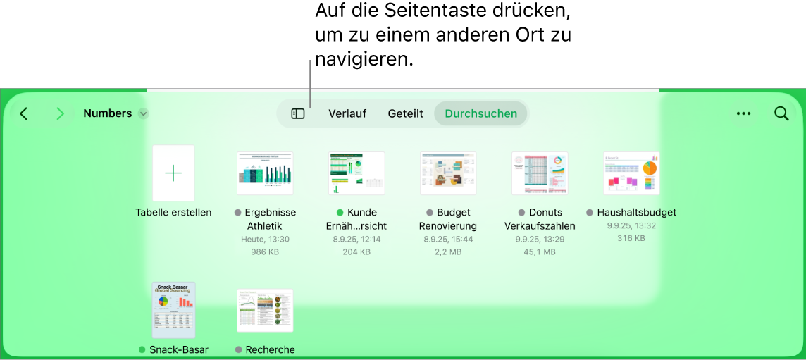 Die Darstellung zum Durchsuchen des Dokumentenmanagers mit einem Link zu einem Ort oben links und dem Suchfeld darunter. In der oberen rechten Ecke befindet sich die Taste „Tabelle hinzufügen“, die Taste „Neuer Ordner“, ein Einblendmenü zum Verwenden der Listendarstellung oder Symboldarstellung, zum Filtern nach Name, Datum, Größe, Art und Tag sowie die Taste „Auswählen“. Darunter befinden sich Miniaturen bereits vorhandener Tabellenkalkulationen.