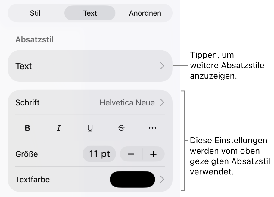 Das Menü „Format“ mit Textsteuerelementen zum Festlegen von Absatz- und Zeichenstilen, Schrift, Größe und Farbe