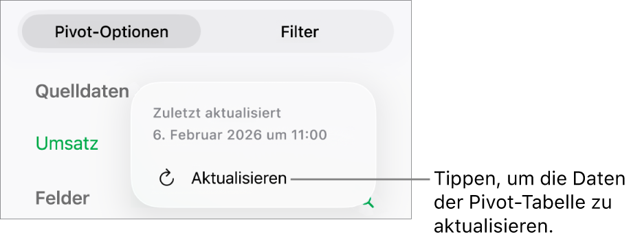 Das Menü „Pivot-Optionen“ mit der Option zum Aktualisieren der Pivot-Tabelle