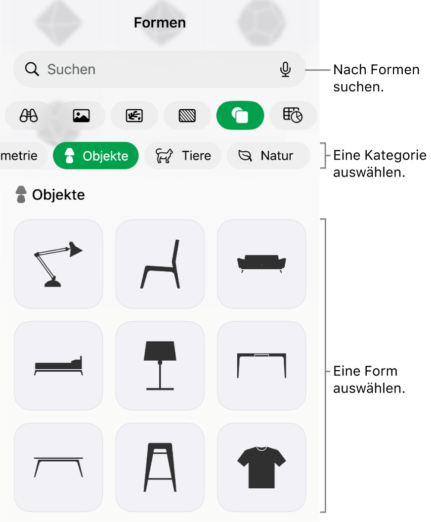 Die Formen-Mediathek mit Kategorien oben und Formen darunter. Du kannst das oben angezeigte Suchfeld verwenden, um Formen zu finden. Durch Streichen kannst du weitere Formen anzeigen.