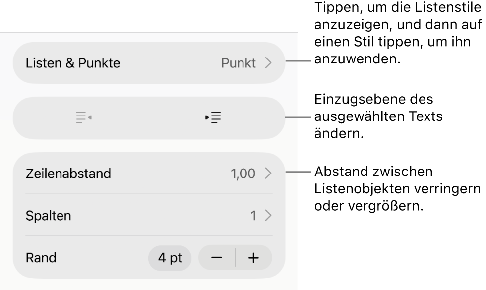 Der Abschnitt „Listen & Punkte“ der Formatsteuerungen mit Beschreibungen für „Listen & Punkte“, den Tasten „Einrücken“ und „Ausrücken“ und Steuerelemente für den Zeilenabstand
